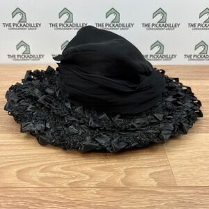 Vtg 50s 60s Sears Millinery Black Wide Brim Hat Union Made USA Church Chiffon